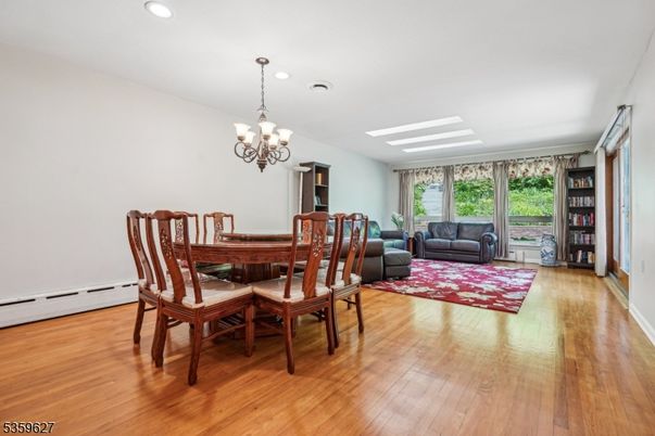 Chandelier, Dining room, Interior, Recessed Lighting, Wood Texture Flooring