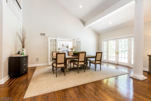 Dining room, Interior, Recessed Lighting, Wood Texture Flooring