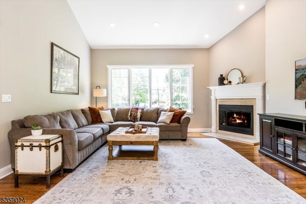 Fireplace, Interior, Living room, Recessed Lighting, Wood Texture Flooring