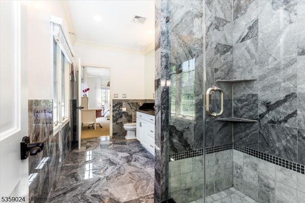 Bathroom, Glass Shower, Interior, Marble, Marble Walls, Recessed Lighting