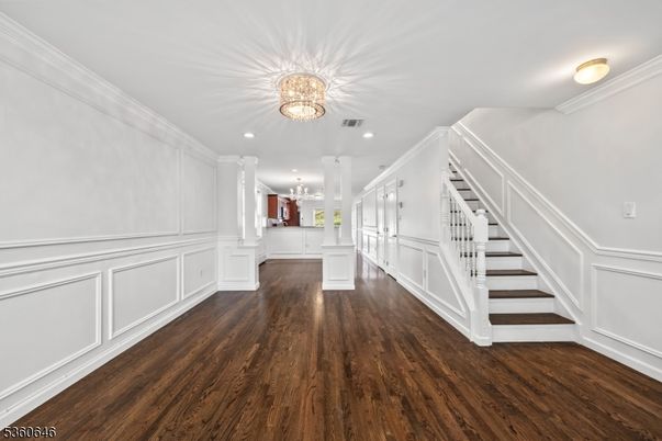 Chandelier, Interior, Recessed Lighting, Wood Texture Flooring