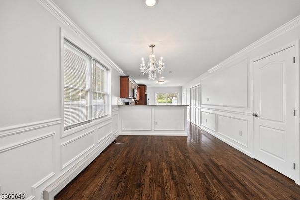 Chandelier, Empty room, Interior, Recessed Lighting, Wood Texture Flooring