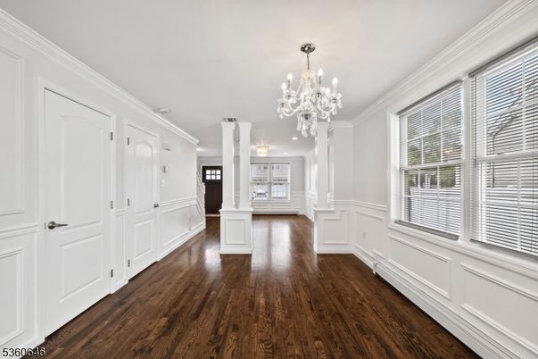 Chandelier, Empty room, Interior, Recessed Lighting, Wood Texture Flooring