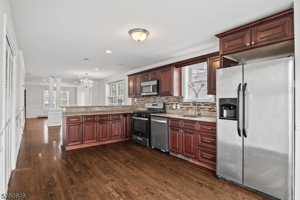 Chandelier, Interior, Kitchen, Recessed Lighting, Wood Texture Flooring