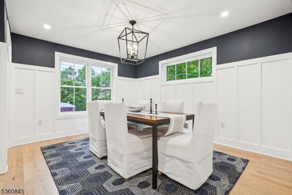 Dining room, Interior, Pendant Lights, Recessed Lighting, Wood Texture Flooring