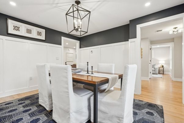 Dining room, Interior, Pendant Lights, Recessed Lighting, Wood Texture Flooring