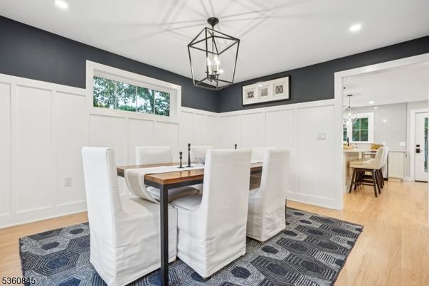 Dining room, Interior, Pendant Lights, Recessed Lighting, Wood Texture Flooring