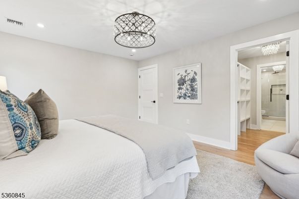 Bedroom, Chandelier, Interior, Recessed Lighting, Wood Texture Flooring
