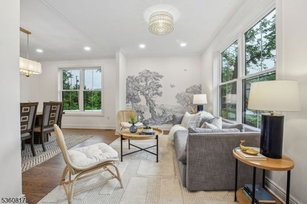Chandelier, Dining room, Interior, Living room, Recessed Lighting, Wood Texture Flooring