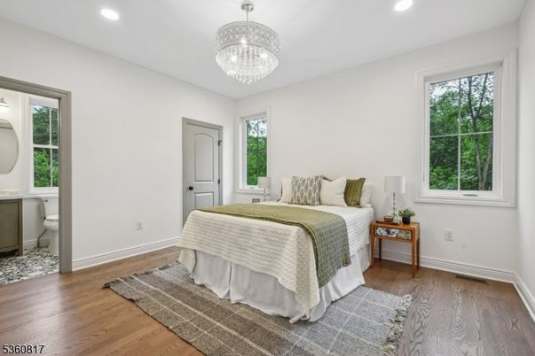 Bedroom, Chandelier, Interior, Recessed Lighting, Wood Texture Flooring