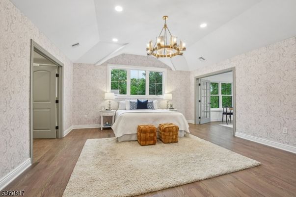 Bedroom, Chandelier, Interior, Recessed Lighting, Wood Texture Flooring