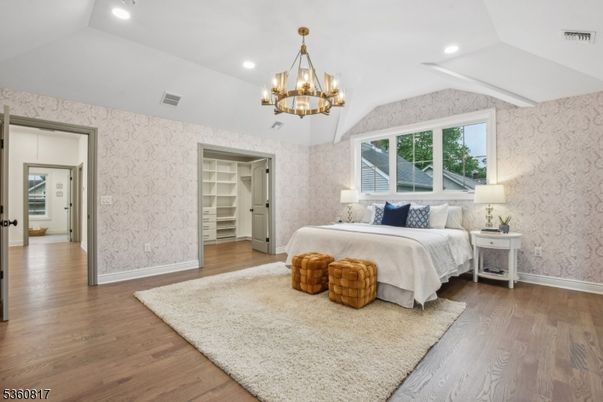 Bedroom, Chandelier, Interior, Recessed Lighting, Wood Texture Flooring
