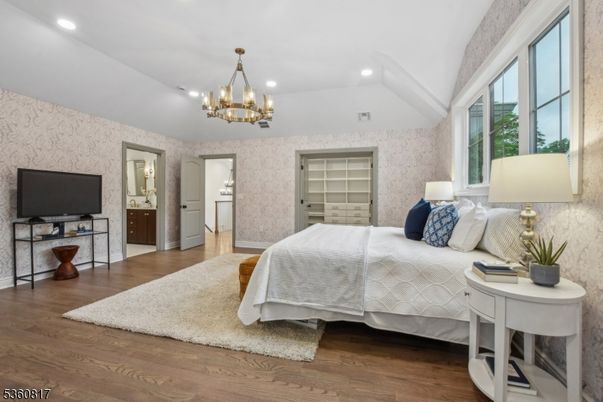 Bedroom, Chandelier, Interior, Recessed Lighting, Wood Texture Flooring