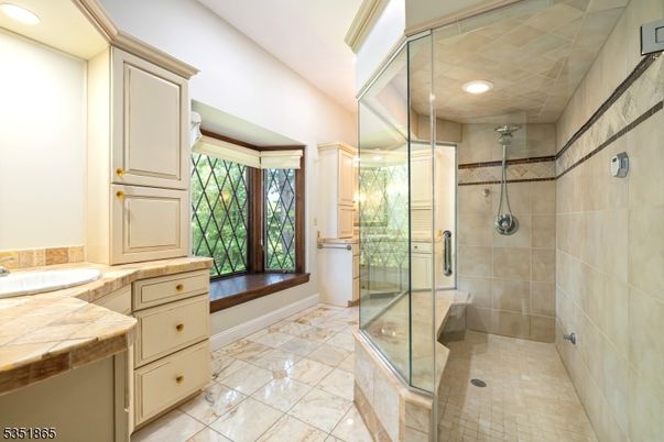 Bathroom, Glass Shower, Interior, Recessed Lighting, Tile Countertops