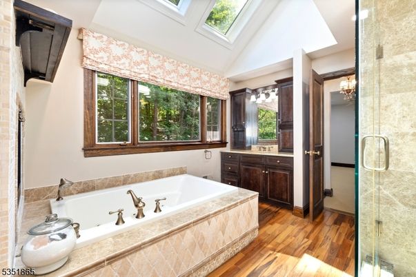Bathroom, Glass Ceilings, Glass Shower, Interior, Wood Texture Flooring