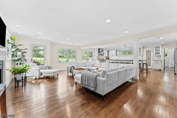 Dining room, Fireplace, Interior, Kitchen, Living room, Pendant Lights, Recessed Lighting, Wood Texture Flooring