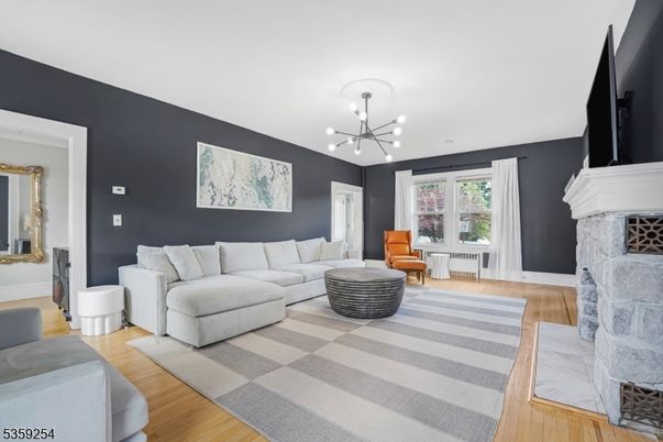 Fireplace, Interior, Living room, Pendant Lights, Wood Texture Flooring
