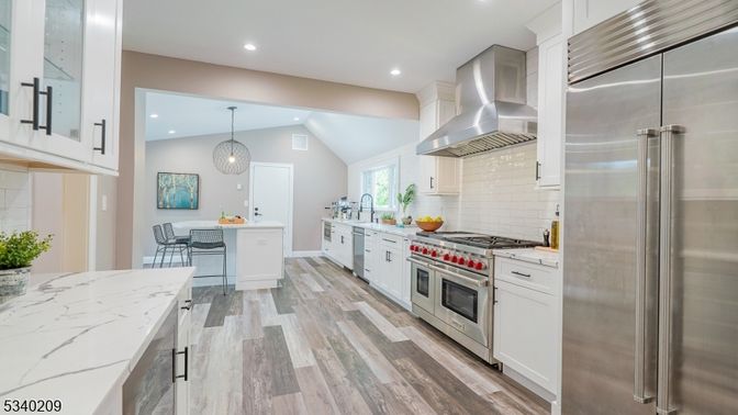 Interior, Kitchen, Pendant Lights, Recessed Lighting, Stainless Steel Appliances, Wood Texture Flooring