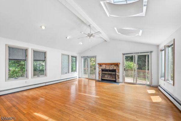 Empty room, Fireplace, Interior, Recessed Lighting, Wood Texture Flooring