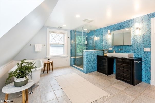 Bathroom, Free Standing Baths, Glass Shower, Interior, Recessed Lighting