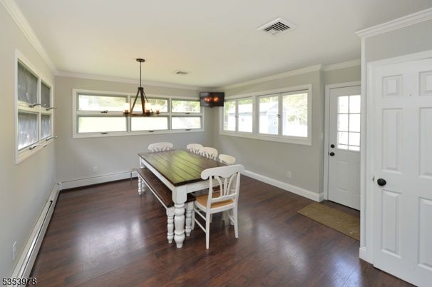 Dining room, Interior, Pendant Lights, Wood Texture Flooring