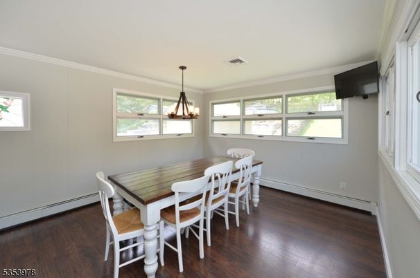 Dining room, Interior, Pendant Lights, Wood Texture Flooring