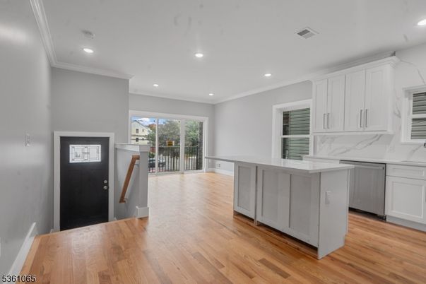 Interior, Kitchen, Marble Walls, Recessed Lighting, Wood Texture Flooring