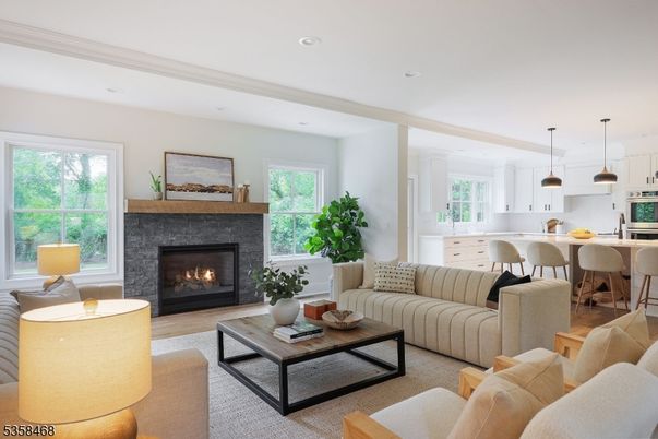 Dining room, Fireplace, Interior, Kitchen, Living room, Pendant Lights, Recessed Lighting, Wood Texture Flooring