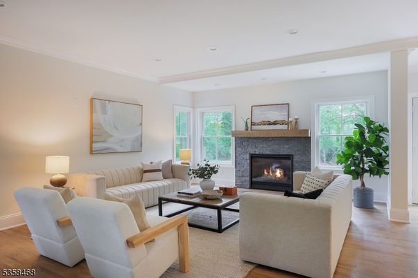 Fireplace, Interior, Living room, Recessed Lighting, Wood Texture Flooring