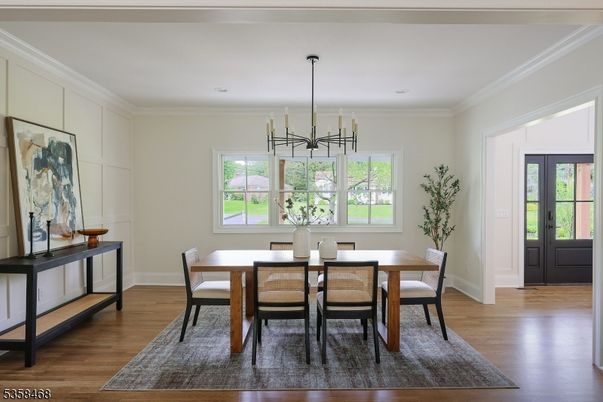 Dining room, Interior, Pendant Lights, Recessed Lighting, Wood Texture Flooring