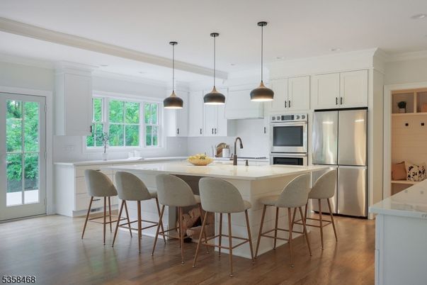 Interior, Kitchen, Pendant Lights, Recessed Lighting, Stainless Steel Appliances, Wood Texture Flooring