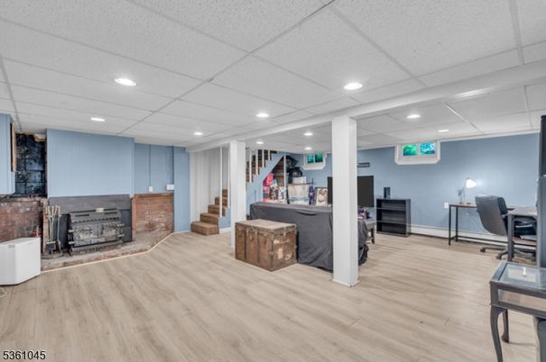 Fireplace, Home Office, Interior, Recessed Lighting, Wood Texture Flooring