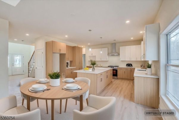 Dining room, Interior, Kitchen, Pendant Lights, Recessed Lighting, Stainless Steel Appliances, Wood Texture Flooring