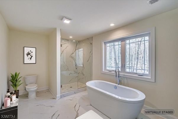Bathroom, Free Standing Baths, Glass Shower, Interior, Marble, Marble Walls, Recessed Lighting