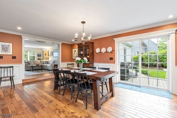 Chandelier, Dining room, Interior, Living room, Recessed Lighting, Wood Texture Flooring