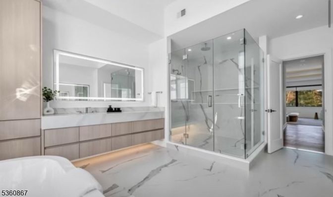 Bathroom, Free Standing Baths, Glass Shower, Interior, Marble, Recessed Lighting