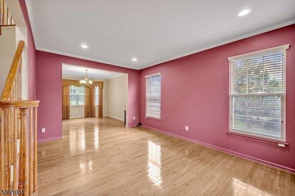 Chandelier, Empty room, Interior, Recessed Lighting, Wood Texture Flooring