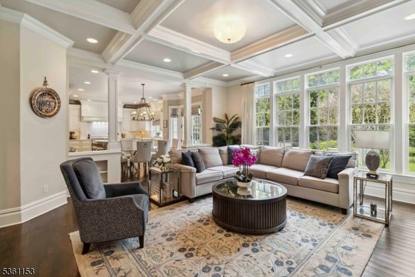 Chandelier, Interior, Kitchen, Living room, Recessed Lighting, Wood Texture Flooring