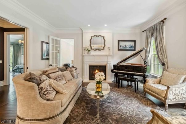 Fireplace, Interior, Living room, Piano, Recessed Lighting, Wood Texture Flooring
