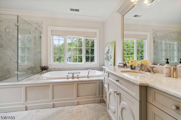 Bathroom, Dual Sink Vanities, Glass Shower, Interior, Marble, Marble Walls