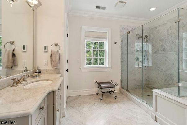 Bathroom, Glass Shower, Interior, Marble, Marble Walls, Recessed Lighting