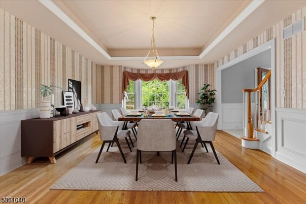 Dining room, Interior, Pendant Lights, Wood Texture Flooring