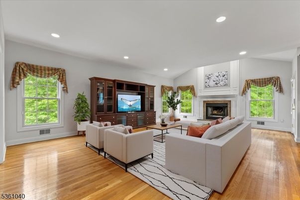 Fireplace, Interior, Living room, Recessed Lighting, Wood Texture Flooring