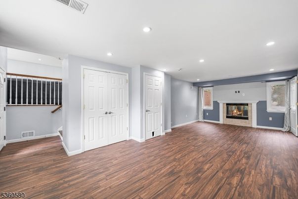 Empty room, Fireplace, Interior, Recessed Lighting, Wood Texture Flooring