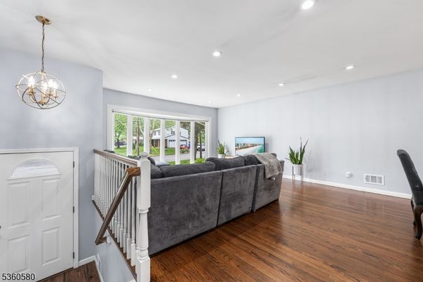Chandelier, Interior, Living room, Recessed Lighting, Wood Texture Flooring