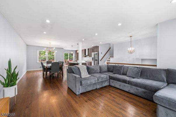 Dining room, Interior, Kitchen, Living room, Pendant Lights, Recessed Lighting, Stainless Steel Appliances, Wood Texture Flooring
