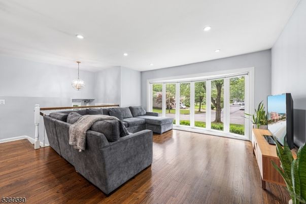 Chandelier, Interior, Living room, Recessed Lighting, Wood Texture Flooring