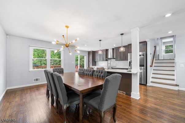 Dining room, Interior, Kitchen, Pendant Lights, Recessed Lighting, Wood Texture Flooring