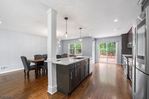 Dining room, Interior, Kitchen, Pendant Lights, Recessed Lighting, Wood Texture Flooring