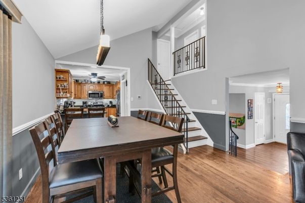 Dining room, Interior, Kitchen, Pendant Lights, Stainless Steel Appliances, Wood Texture Flooring